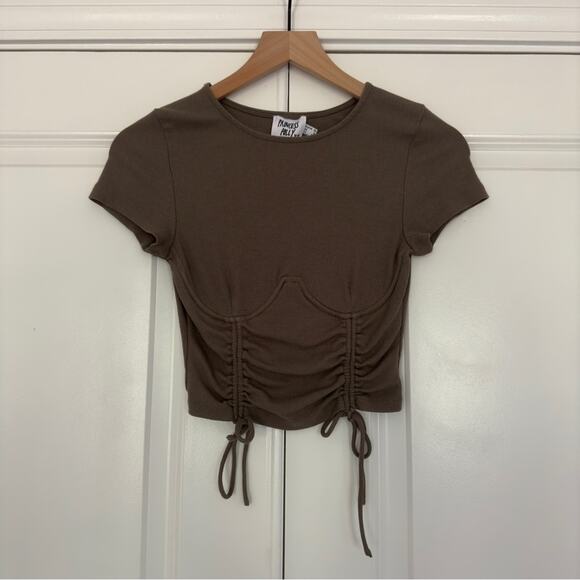 Princess Polly Olive Underwire Double Tie Front Crop Top Short Sleeve Round Neck - Picture 2 of 9
